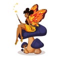 Cute cartoon fairy with butterfly wings sitting on flower. Girl with brown buns wearing yellow dress. Hand drawn vector