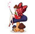 Cute cartoon fairy with butterfly wings sitting on mushroom. Girl with brown buns wearing red dress. Hand drawn vector Royalty Free Stock Photo