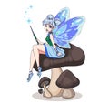 Cute cartoon fairy with butterfly wings sitting on mushroom. Girl with white buns wearing blue dress. Hand drawn vector Royalty Free Stock Photo