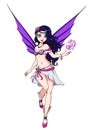 Cute cartoon fairy with dark hair and blue wings. Pink dress. Hand drawn vector illustration Royalty Free Stock Photo