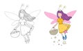 Cute cartoon fairy. Flower elf. Little girl with wings. Illustration for coloring books. Monochrome and colored versions Royalty Free Stock Photo