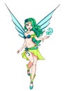 Cute cartoon fairy with green hair and blue wings. Green dress. Hand drawn vector illustration Royalty Free Stock Photo