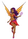 Cute cartoon fairy with purple hair and orange wings. Red dress. Hand drawn vector illustration Royalty Free Stock Photo
