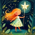 Cute cartoon fairy tale girl with magic wand in the night forest. Digital pastel illustration. Royalty Free Stock Photo