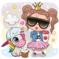 Cute Cartoon fairy tale Princess in glasses and Unicorn in a cap Royalty Free Stock Photo