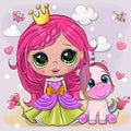 Cute Cartoon fairy tale Princess with pink hair and Unicorn Royalty Free Stock Photo