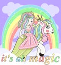 Cute Cartoon fairy tale Princess and Unicorn Royalty Free Stock Photo