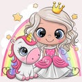Cute Cartoon fairy tale Princess and Unicorn Royalty Free Stock Photo