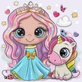 Cute Cartoon fairy tale Princess and Unicorn Royalty Free Stock Photo