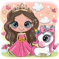 Cute Cartoon fairy tale Princess and Unicorn Royalty Free Stock Photo