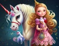 Cute Cartoon fairy tale Princess and Unicorn Royalty Free Stock Photo