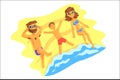 Cute cartoon family on beach Father,mother,son. Vector illustration