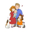 Cute cartoon family and a cat with a dog. Mom, dad and kids. Happy people Royalty Free Stock Photo