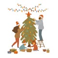 Cute cartoon family decorates christmas tree with lights garlands and balls isolated vector illustration