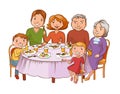 Cute cartoon family dined at the table Royalty Free Stock Photo
