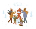 Cute cartoon family making a snowman outdoors, winter isolated vector illustration