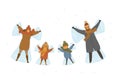 Cartoon family, parents and children making snow angel in snow isolated vector illustration scene Royalty Free Stock Photo