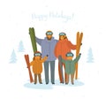 Cute cartoon family skiers portrait, winter sports