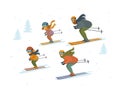 Cute cartoon family skiing downhill isolated vector illustration winter sports