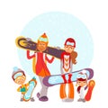 Cute cartoon family with snowboards.