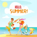 Cute cartoon family walking on beach in summer vacation. Royalty Free Stock Photo