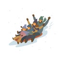 Cartoon family winter sledding downhill together isolated vector illustration scene