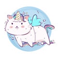 Cute cartoon. Fantasy magic cat unicorn and flying in the air. Hand drawn vector and illustration Royalty Free Stock Photo