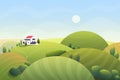 Cute cartoon fantasy summer sunny day with curvy rounded hills and beatuful rural small house, trees, bushes vector