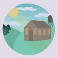 Cute cartoon fantasy summer sunny day with curvy rounded hills and beatuful rural small house, trees, bushes vector