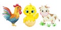 Cute cartoon farm animals. rooster, chicken, cow. watercolor Royalty Free Stock Photo