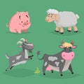 Cute cartoon farm animals set. Furry sheep, cow, pig sitiing and jumping goat. Vector domestic characters illustration