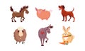 Cute cartoon farm animals set, horse, sheep, donkey, rabbit, dog, pig vector Illustration