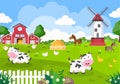 Cute Cartoon Farm Animals Vector Illustration With Cow, Horse, Chicken, Duck, Or Sheep. For Postcard, Background, Wallpaper, And