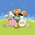 Cute cartoon farmer and animals. Country man and cow, horse and sheep, chicken and goose, pig and rooster.