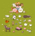 Cute cartoon farmer and animals. Country man and cow, horse and sheep, chicken and goose, pig and rooster. extra big set