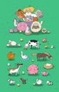 Cute cartoon farmer and animals. Country man and cow, horse and sheep, chicken and goose, pig and rooster. extra big set