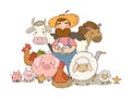 Cute cartoon farmer and animals. Country man and cow, horse and sheep, chicken and goose, pig and rooster.
