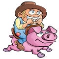 Cute cartoon farmer riding a pink pig.