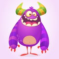 Cute cartoon fat monster. Purple and horned vector troll character.