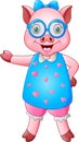Cute cartoon female pig in blue heart dress with glasses Royalty Free Stock Photo