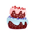Cute cartoon festive cake. Chocolate biscuit with cherries and blueberries. for parties, birthdays. Isolated element Royalty Free Stock Photo