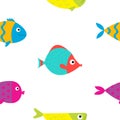 Cute cartoon fish icon set. Seamless Pattern. Flat design. Baby kids collection. Colorful aquarium animals. White background. Isol Royalty Free Stock Photo