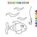 Cute cartoon fish looking to a fishing rod coloring book for kids. black and white vector illustration for coloring book. fish