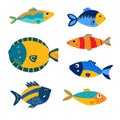 Cute cartoon fish. Set of tropical marine fishes. Baby kids collection Royalty Free Stock Photo