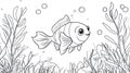 Cute Cartoon Fish Line Art Illustration, Underwater Scene with Bubbles and Seaweed Royalty Free Stock Photo