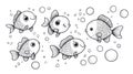 Cute Fish Doodle Art, Black and White, Bubbles, Marine Life Royalty Free Stock Photo