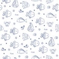 Cute cartoon fishes, crabs and ships seamless pattern