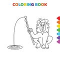 Cute cartoon fishing lion coloring book for kids. black and white vector illustration for coloring book. fishing lion concept hand Royalty Free Stock Photo