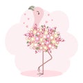 Cute cartoon flamingo bird in delicate flowers with hearts. Children\'s illustration, postcard, pastel colors Royalty Free Stock Photo