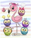 Cute Cartoon Flamingo and five owls